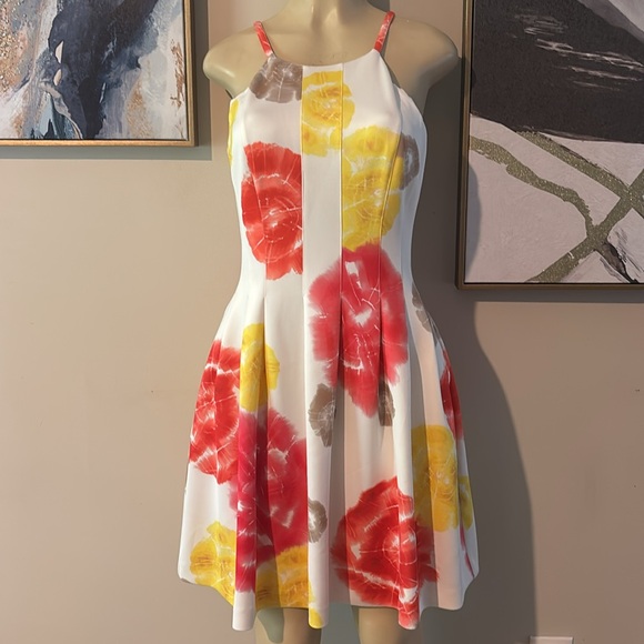 Calvin Klein Floral White Pink Red Coral Yellow Scuba Dress size 6 - Picture 3 of 7